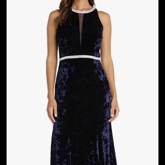 R&M Richards Long Ice Velvet Dress W/Elegant Neck Waist Detail & Slit Size 8 - Picture 1 of 14